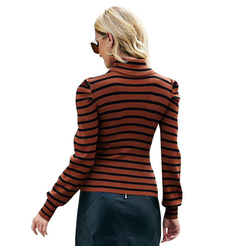 Women's Bubble Sleeve Knitted Striped Top Fashion Slim Fit Slimming Turtleneck Knitting Bottoming Shirt