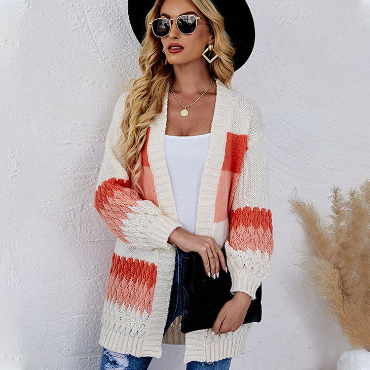 Fashion Women's Wear Sweater Cross-Border Color Contrast Patchwork Mid-Length Loose Knitted Cardigan Coat