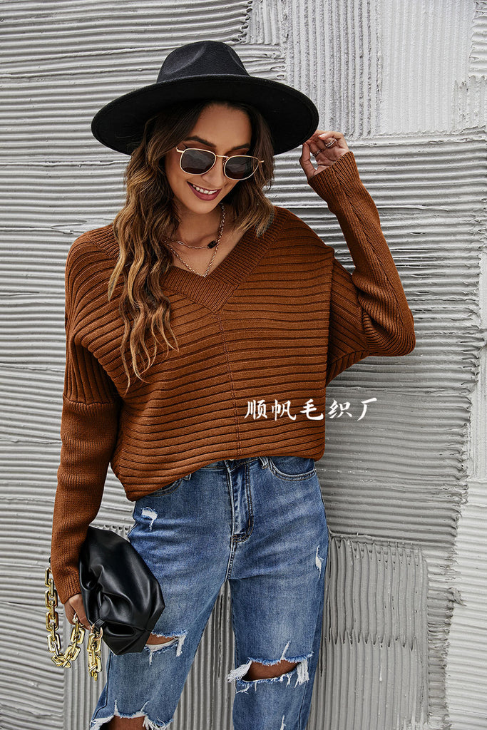 Solid Color Strapless Sexy Knitwear European And American Fashion V-neck Pullover Long Sleeve Sweater Women