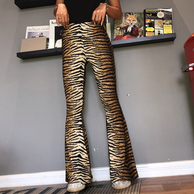 Autumn New Trendy Fried Street Women's Trousers Elastic Mid-High Waist Leopard Print Tiger Pattern Bell-Bottom Pants