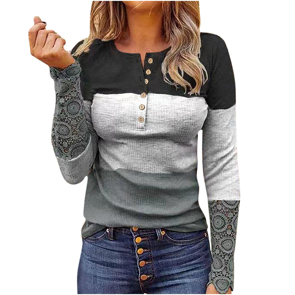 Lace Long-Sleeved Sunken Stripe Slim round Neck Button Printed Pullover Women's T-shirt
