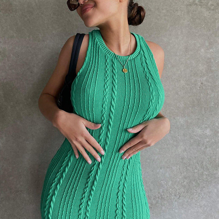 Popular Sheath High Waist Slim-Fit Solid Color Large Size One-Step Long Skirt Knitted Sleeveless Pullover round Neck Dress