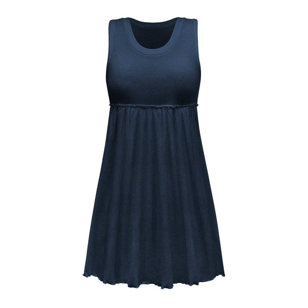 Plain Fashion European and American Style Women's Sleeveless Pullover Rib Dress Summer New Pleated Skirt Fashion Brand