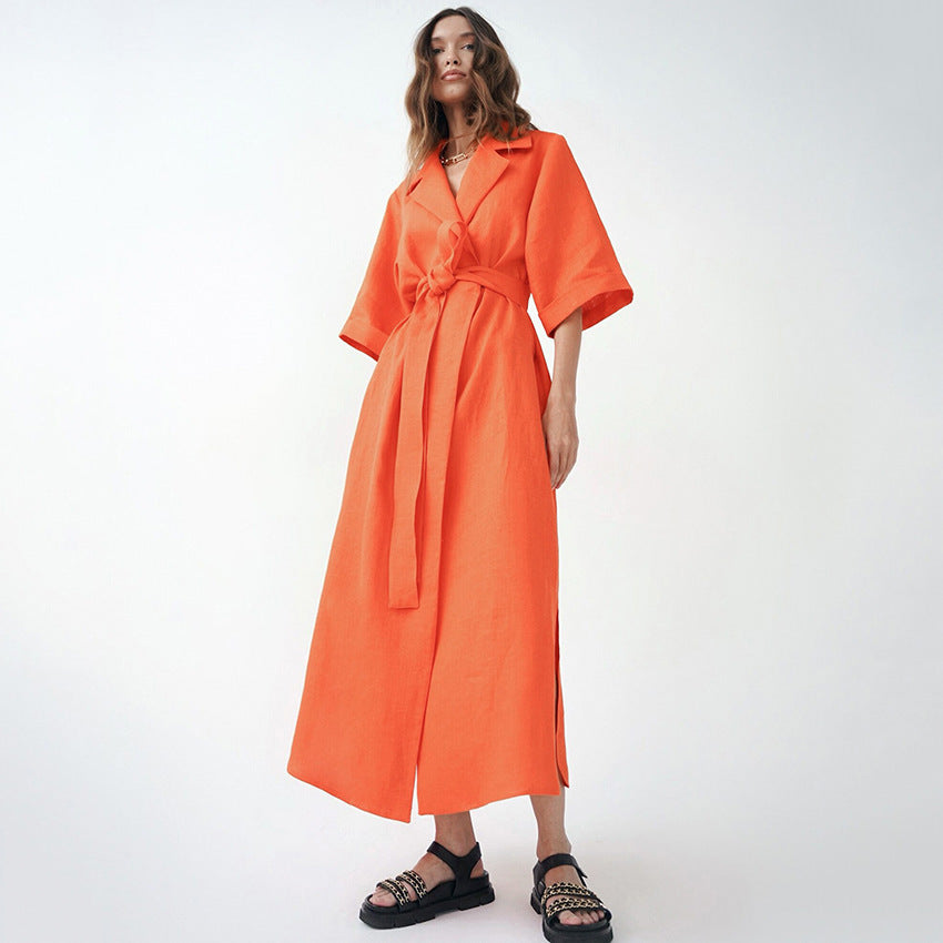 Stomach Blanket Style Suit Skirt Fashion Women's Wear Cotton and Linen Dress A- line Dress European and American Waist Dress