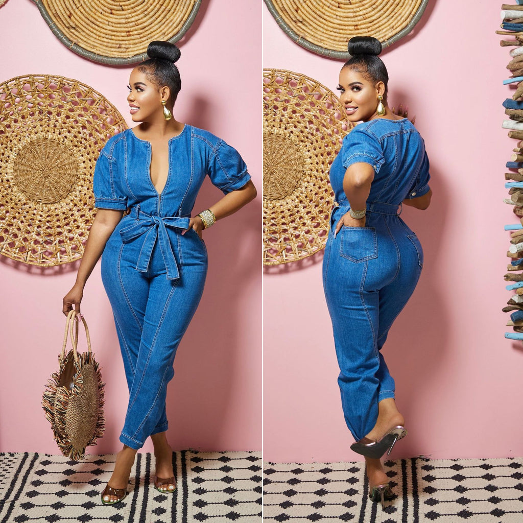 Women's European and American New Sexy Fashion Elegant Blue Washed Jumpsuit