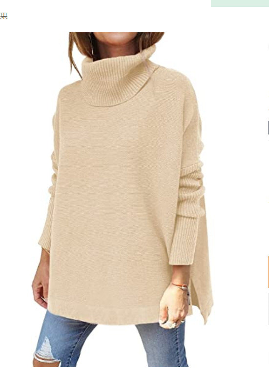 Women's Turtleneck Oversized Sweater Mid-Length Batwing Sleeve Hem Waist Pullover Sweaters Top