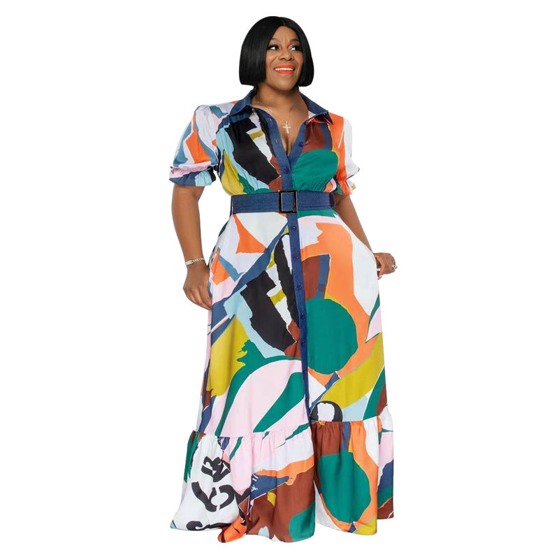 Bestseller Colorful Printed Dress with Belt Loose plus Size Women's Clothing