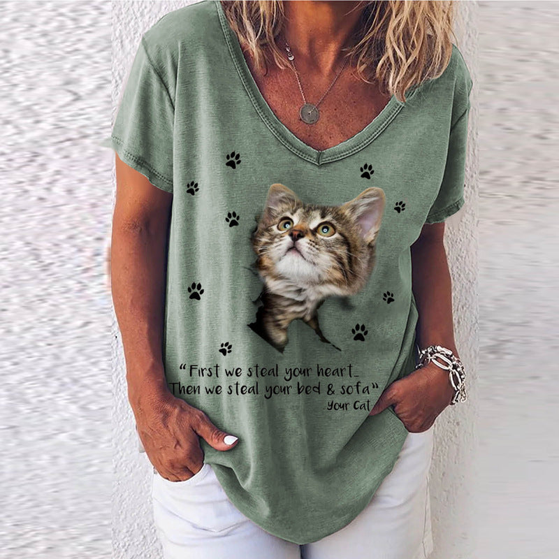 Women's V-neck Short-Sleeved Printed T-shirt Loose Top