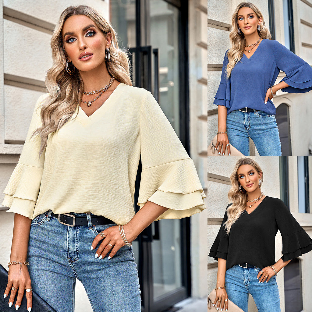 Bestseller Solid Color Loose V-neck Ruffle Top Women's Clothing