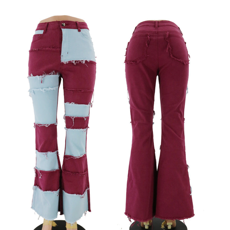 Fashion Color Contrast Patchwork High Waist Tight Hip Horn Women's Denim Trousers