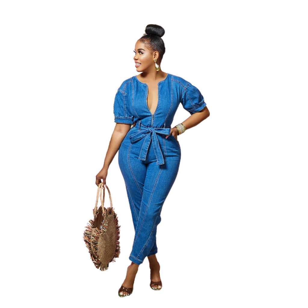 Women's European and American New Sexy Fashion Elegant Blue Washed Jumpsuit