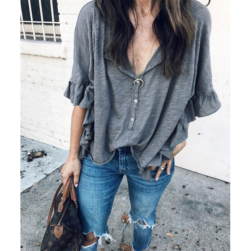 Women's Short-Sleeved T-shirt Solid Color Casual Loose-Fitting Batwing Sleeve Shirt Top