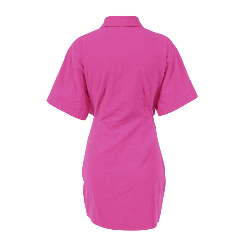 Sexy Short Dress Shirt Skirt Exposed Navel A- line Skirt Pink Short Sleeve Women