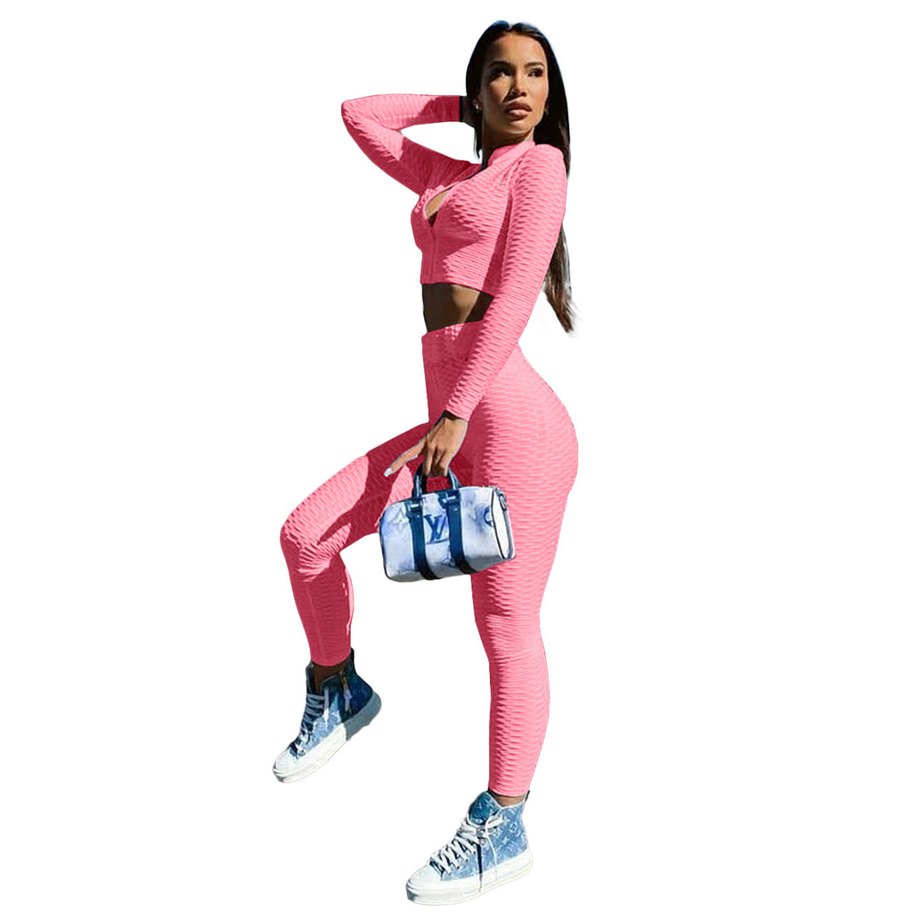 X9311 Zipper Waffle Tights Two-Piece Sports Suit