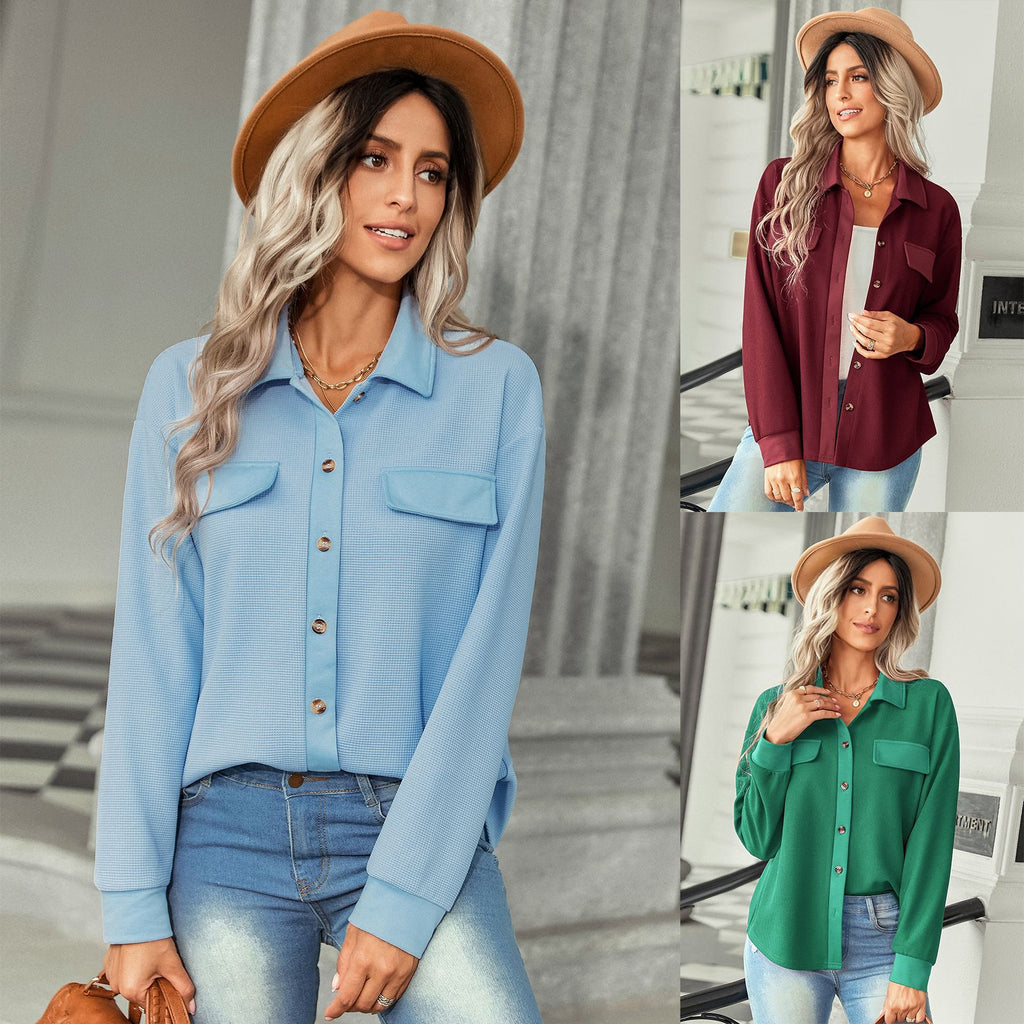 2022 Autumn New Waffle Top Women's Fashion Faux Pocket Knit Shirt