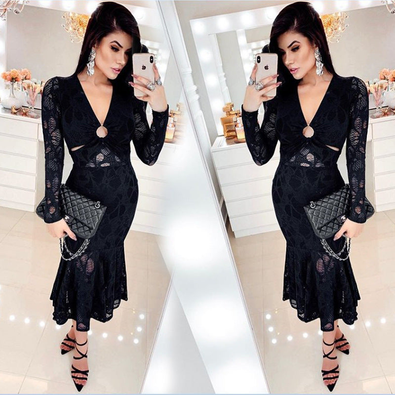 Sexy Deep V See-through Pencil Skirt Lace Midi Dress