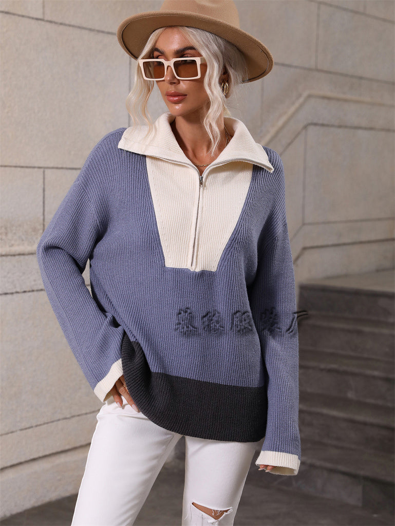 Women's Color Matching Knitted Long-Sleeved European and American Autumn and Winter Knitting European and American Women's Clothing Zipper Sweater