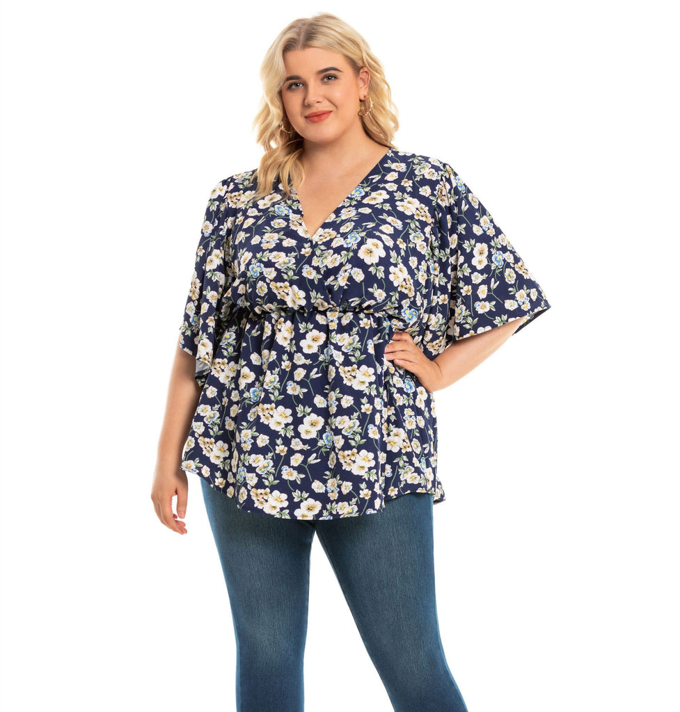 Flying Sleeves Loose V-neck plus Size European and American Ladies Top