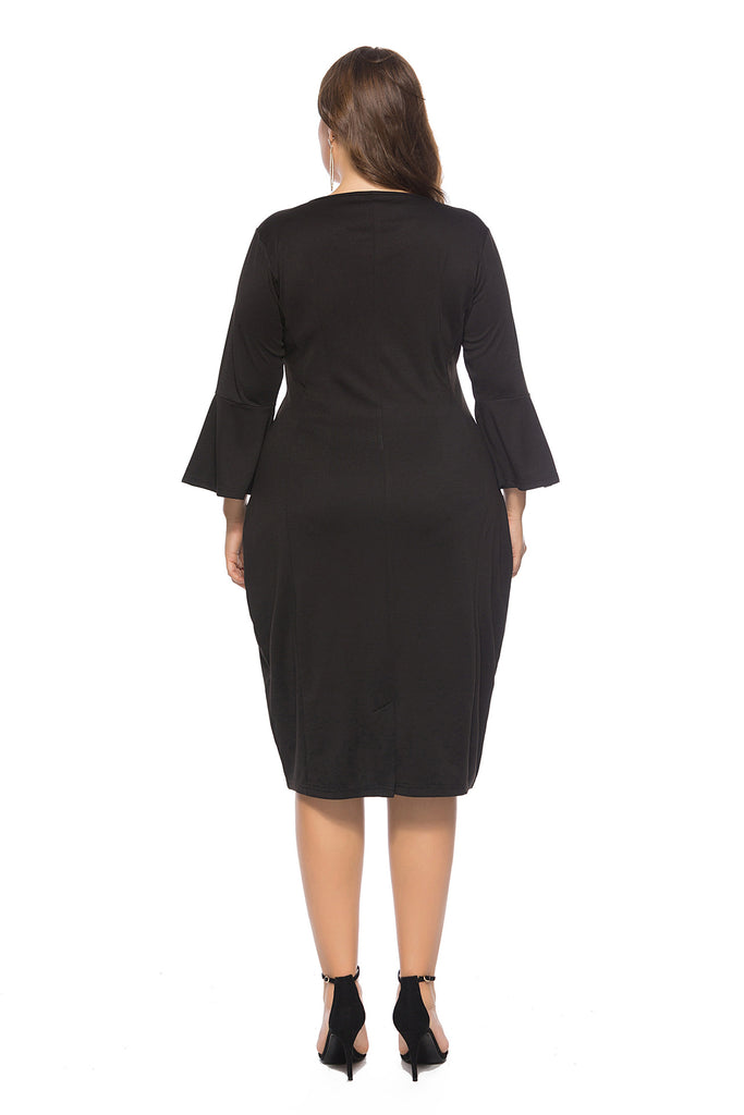 round Neck Slim-Fit Flared Sleeves Midi Dress