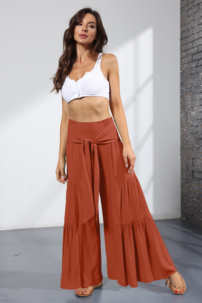 European and American Women's Clothing Fashion Temperament Bandage Elastic Waist Pleated Wide Leg Pants Casual Loose Trousers