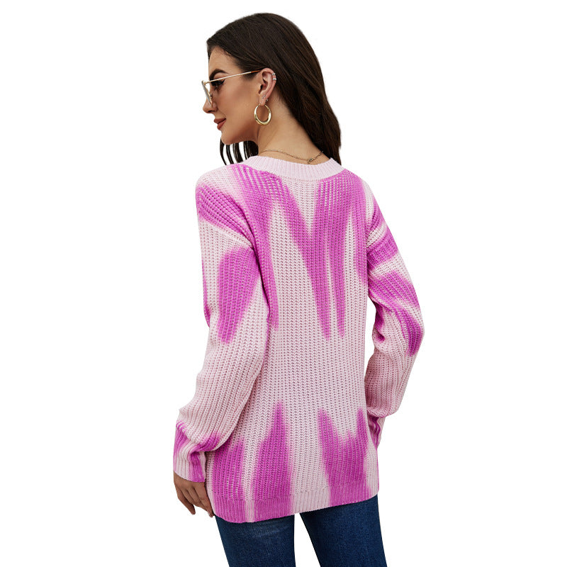 Printing and Dyeing Long-Sleeved Sweater Top round Neck Pullover Loose Knit Sweater for Women