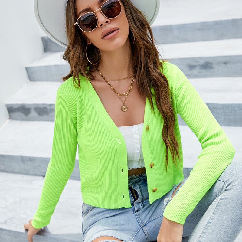 V-neck Slim-Fit Knitted Top Sexy Fluorescent Color Long Sleeve Thin Knitted Cardigan