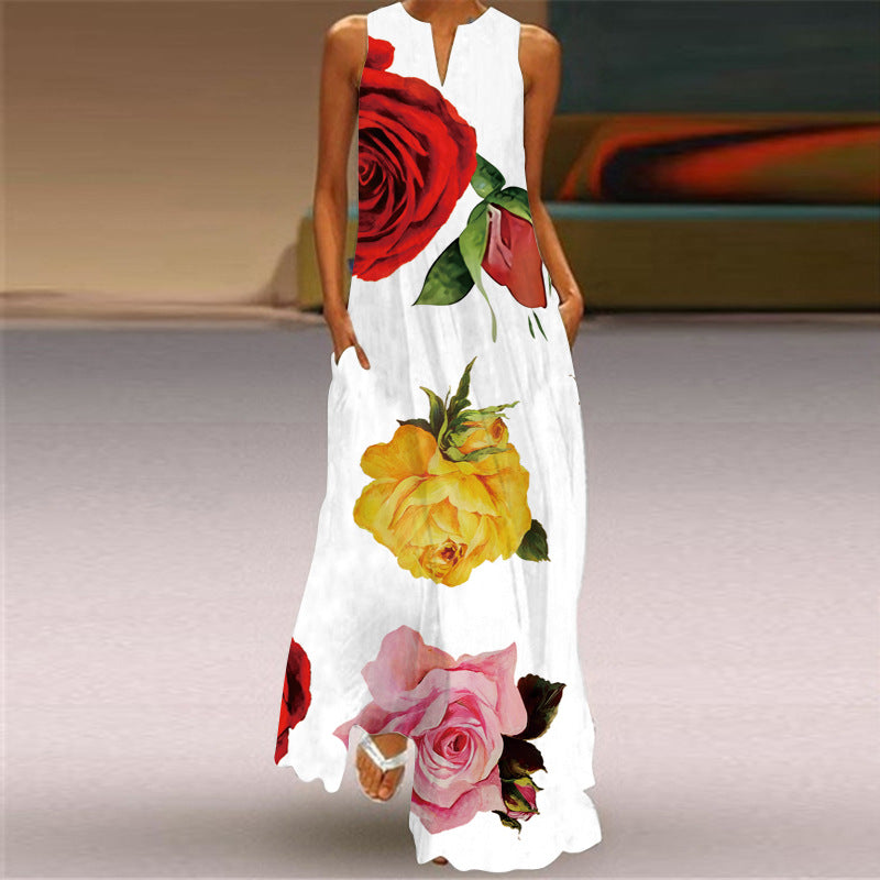 European and American Spring and Summer Fashion Printed Sexy Pocket Maxi Dress