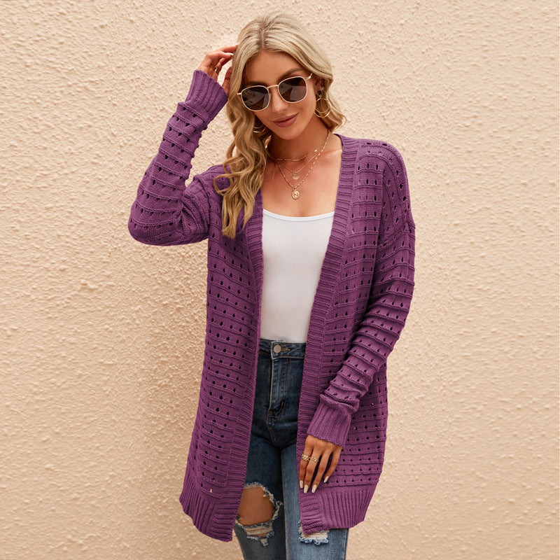 Mid-Length Sweater Outer Wear Ol Commuter Loose Knitted Coat Versatile Solid Color Long Sleeve Sweater Cardigan