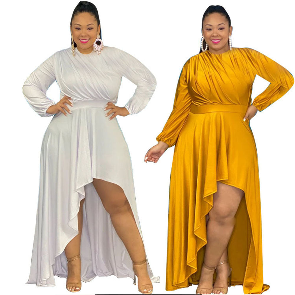 plus Size Women's Solid Color Casual Loose and Irregular Long Sleeve Dress