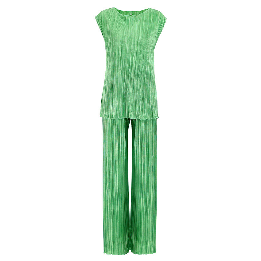 Casual Pleated Vest Pants Suit Retro Fashion Green Pleated Pleated Two-Piece Set for Women