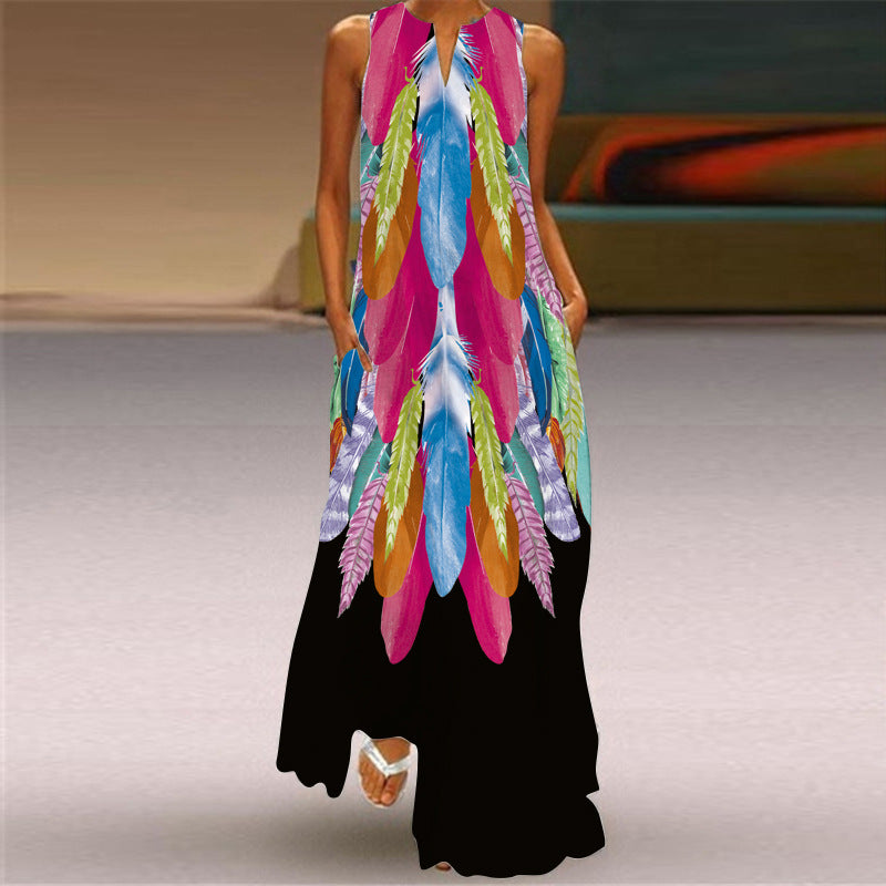 Fashion Sexy Digital Printed V-neck Sleeveless Maxi Dress Pocket European and American Style Dress