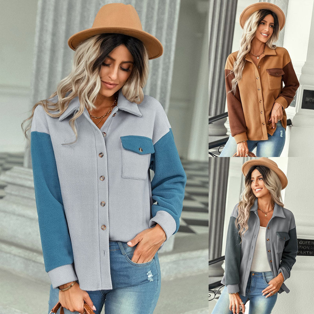 2022 Autumn and Winter New Woolen Coat Women's Foreign Trade Women's Clothing Fashion Colorblock Plush Top