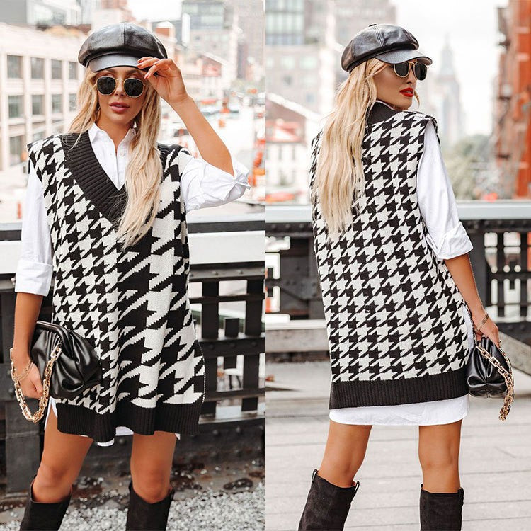 Houndstooth V-neck Loose Sweater Ladies' Vest Vest