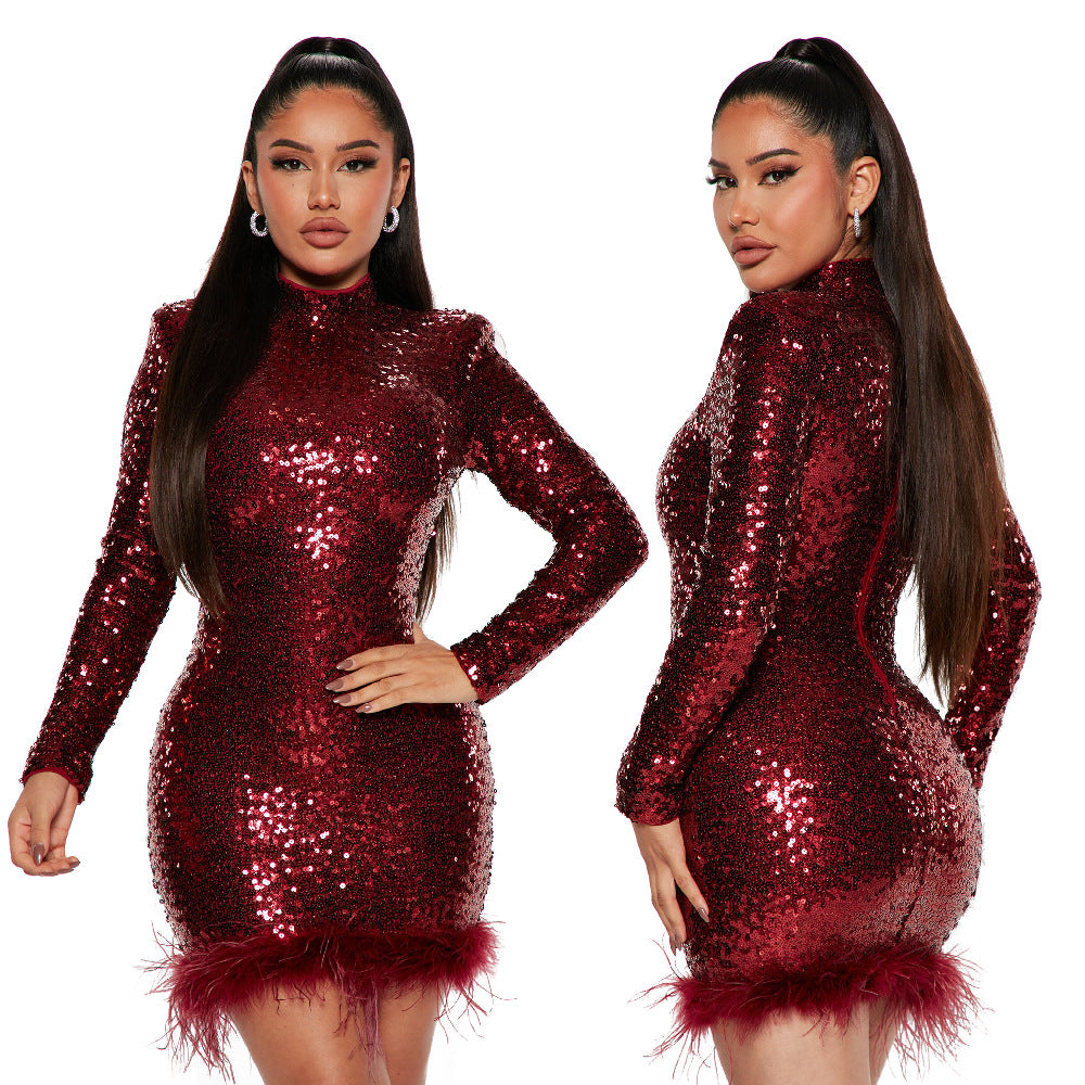 Hip Skirt Long Sleeve round Neck Sequins Feather Party Gathering Dress