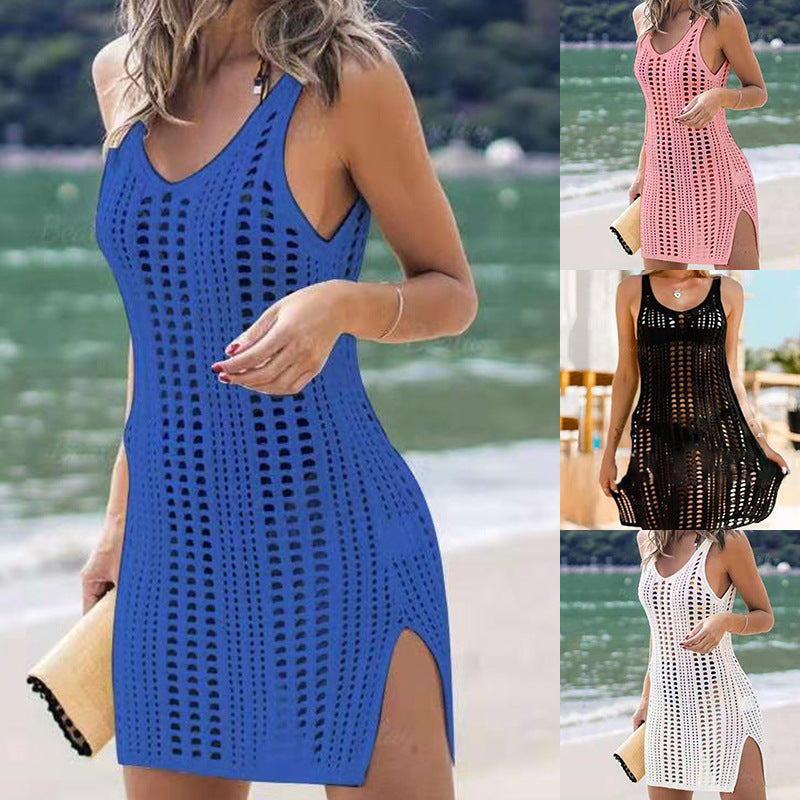 Sun Protective Blouse Sexy Slit Sleeveless Suspender Dress Long Knitted Dress