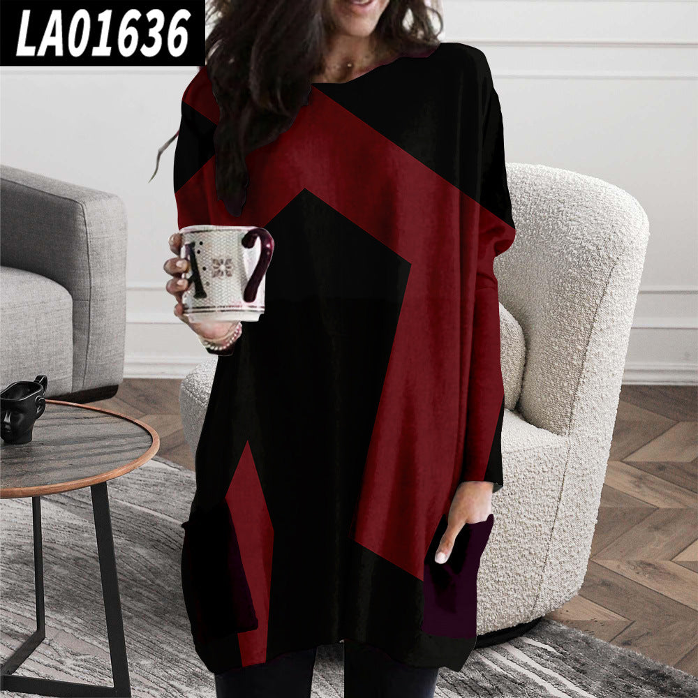 Abstract Face Crew Neck Casual Mid-Length Loose Dress