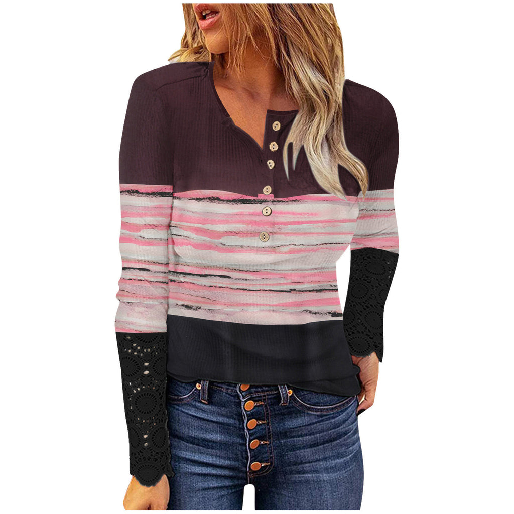 Lace Long-Sleeved Sunken Stripe Slim round Neck Button Printed Pullover Women's T-shirt