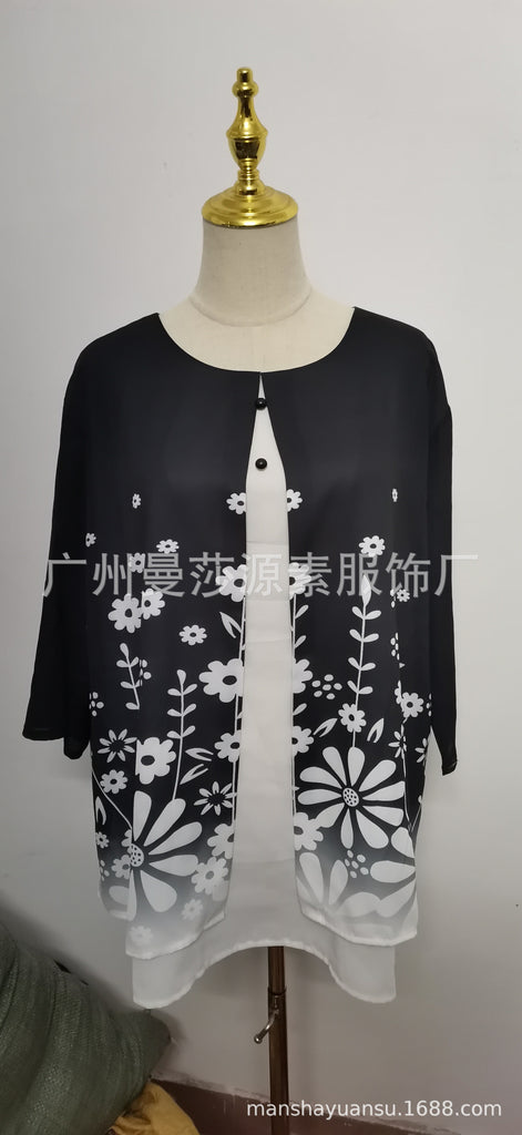 Large Size Chiffon Shirt Fake Two-Piece Printed Top Loose Shirt