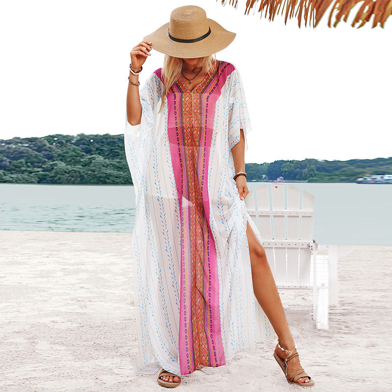 Bohemian Style Long Dress Casual Beach Half Sleeve Women's V-neck Dress