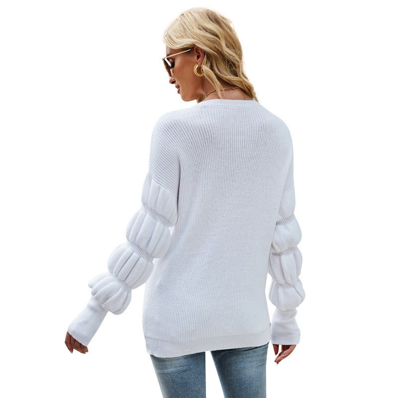 round Neck Solid Color Knitted Sweater European and American Loose Lantern Sleeve Sweater