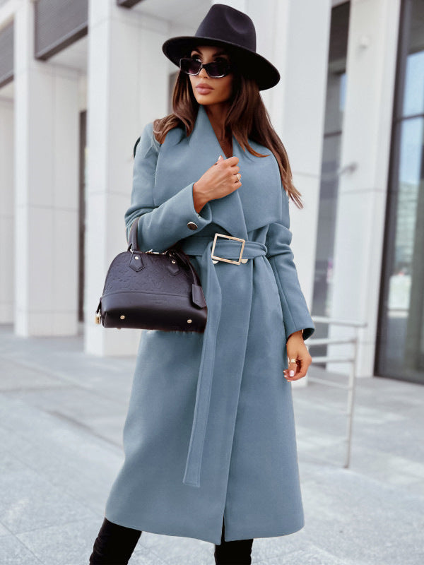 Minimalist Long Sleeve Button V-neck Lace up Woolen Coat Women's Clothing
