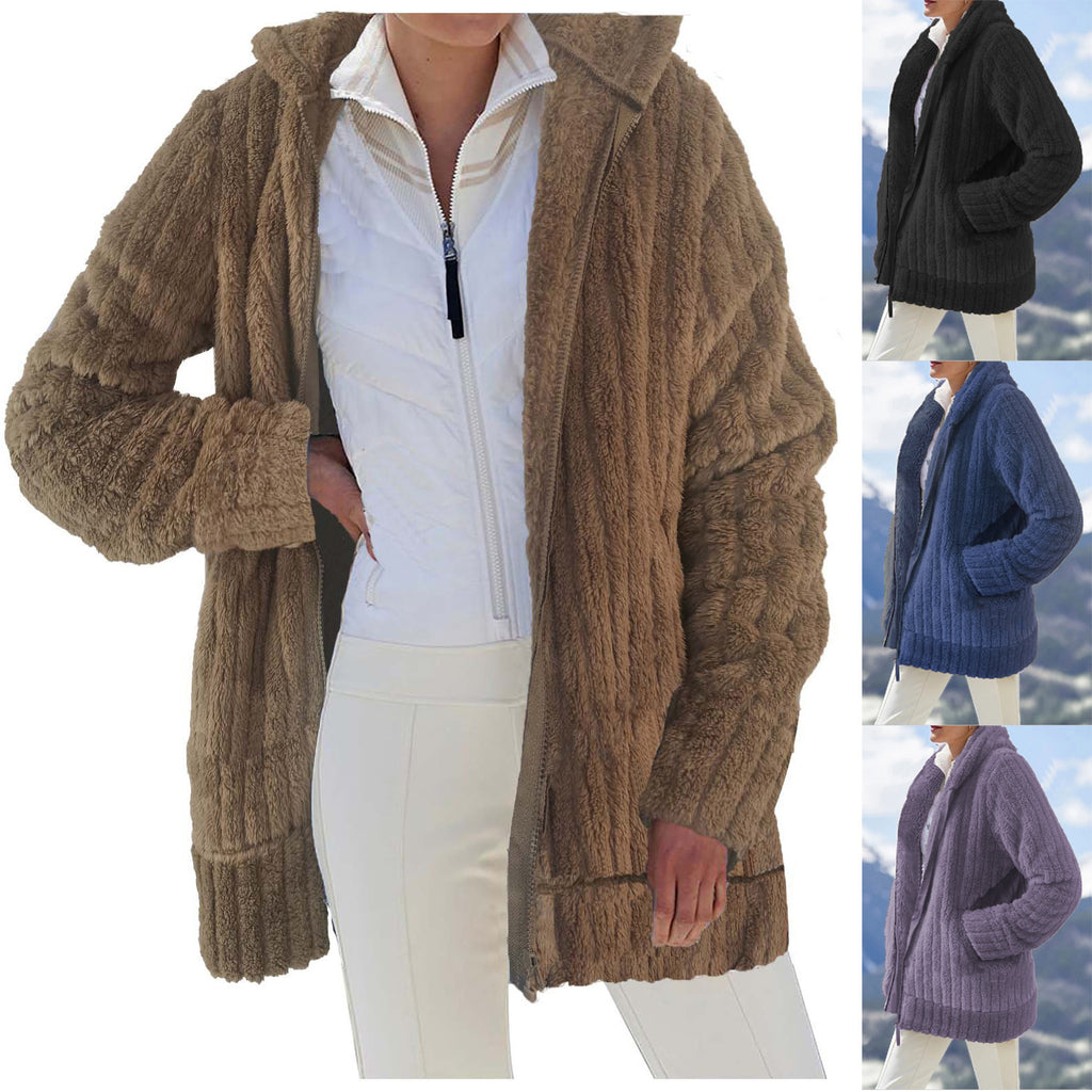 Autumn and Winter Warm Plush Solid Color Zipper Pocket Hooded Loose Coat Women