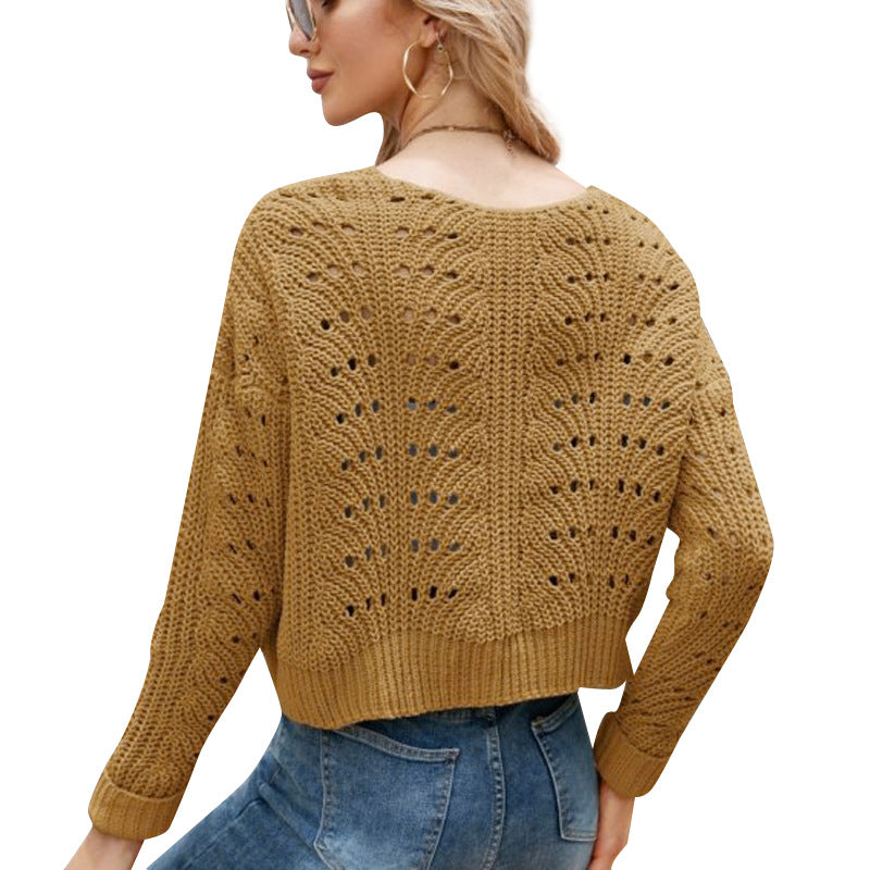 Cropped Top Long Sleeves Outer Match Knitwear Temperament Wild Solid Color Hollow out Sweater Cardigan