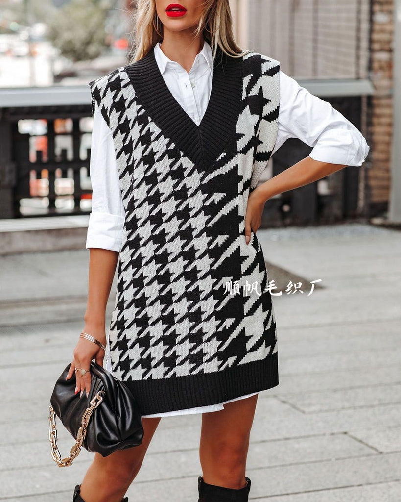 Houndstooth V-neck Loose Sweater Ladies' Vest Vest