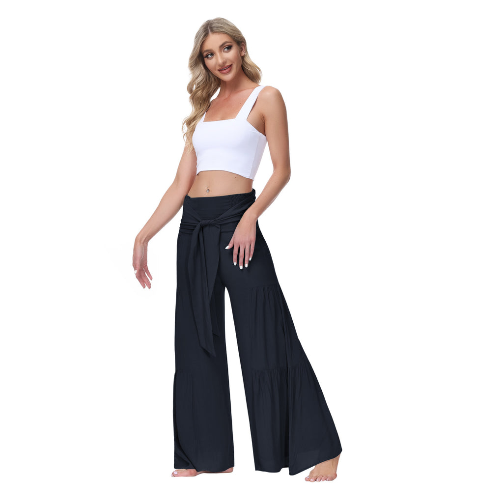 European and American Women's Clothing Fashion Temperament Bandage Elastic Waist Pleated Wide Leg Pants Casual Loose Trousers