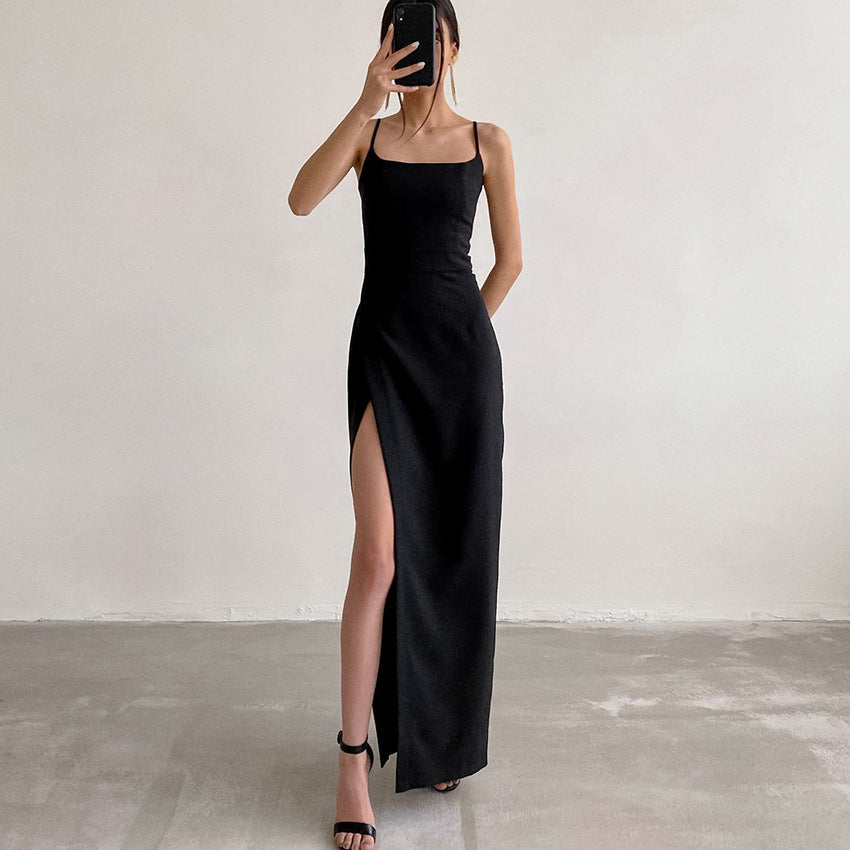 French Commuter Sling Basic Bottoming Dress Black Dress Slimming Bone Feeling Slit Dress