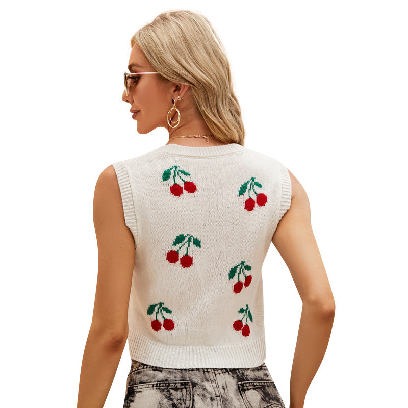 Short Sweater Cherry Jacquard Loose-Fitting Sweater Outer Wear Bandage Dress Sleeveless Knitted Vest