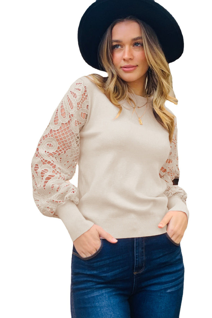 Lace Patchwork Puff Sleeve Fashion Pullover Women's Top Casual Versatile Trendy T-shirt