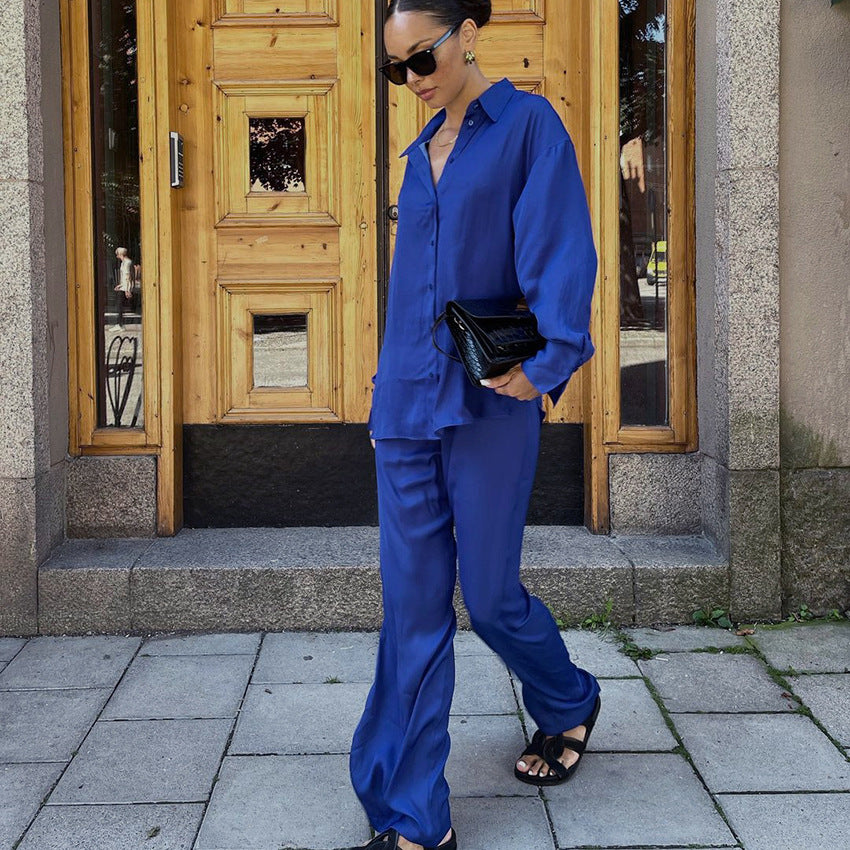 Klein Blue Casual Women 'S Satin Shirt Mop Trousers Two-Piece Set