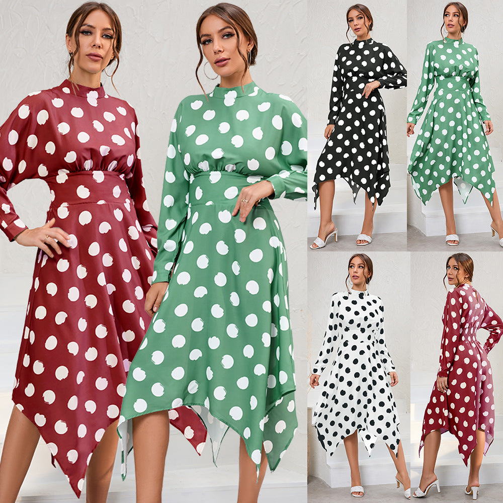 Irregular Long Sleeve Polka Dot Dress Women's New European and American Popular